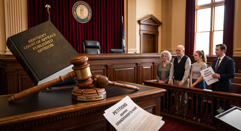 Empty Kentucky courtroom representing the Court of Appeals reversal of the family court's DNA and custodial adjudication findings
